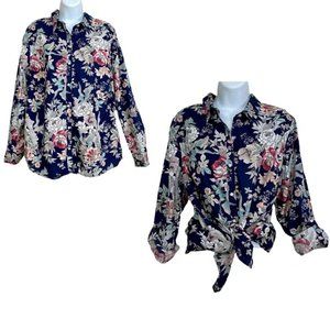 Floral Button Up Cotton Shirt Plus Size 14
